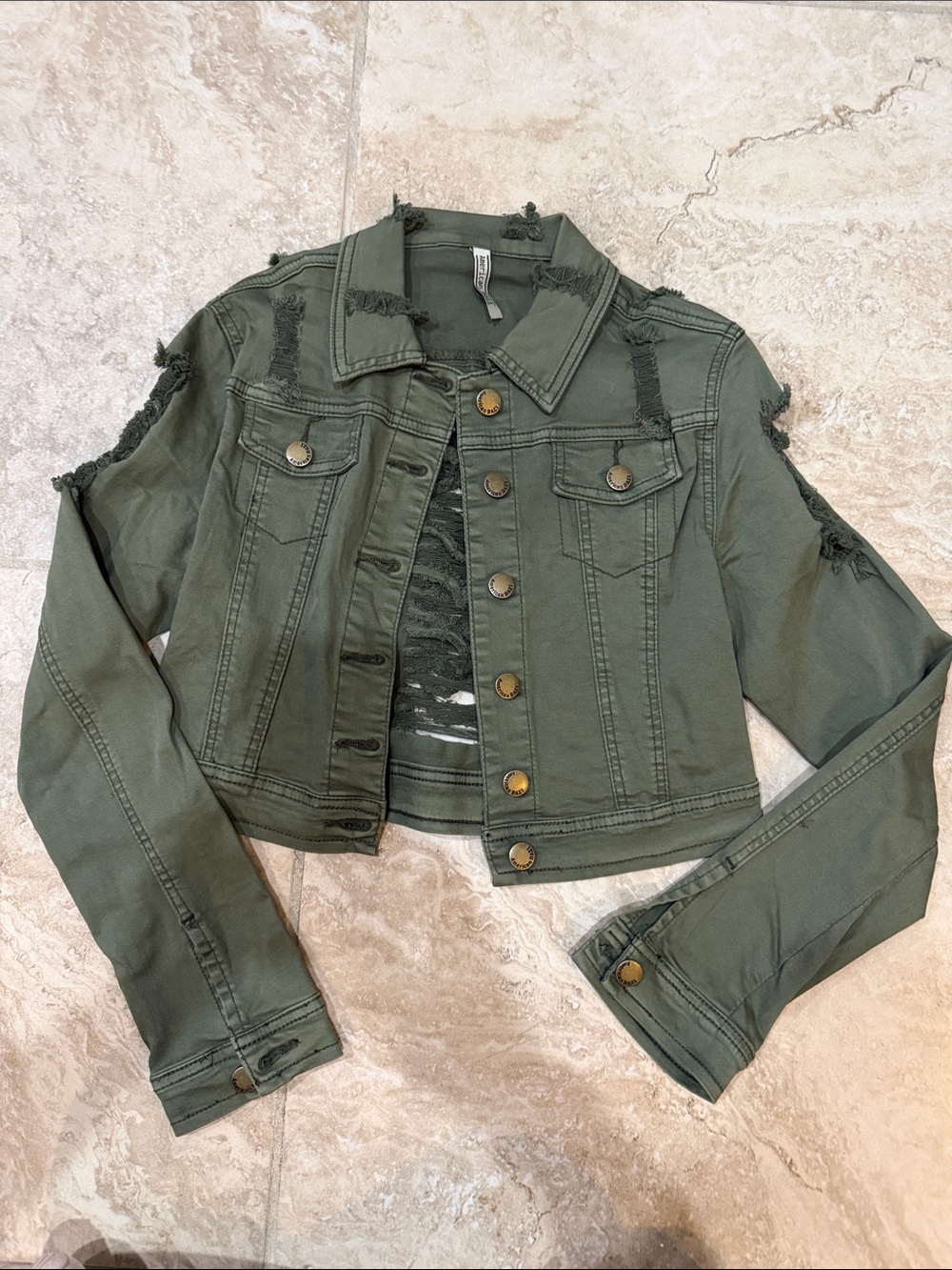 American Bazi Olive Green Distressed Denim Jacket